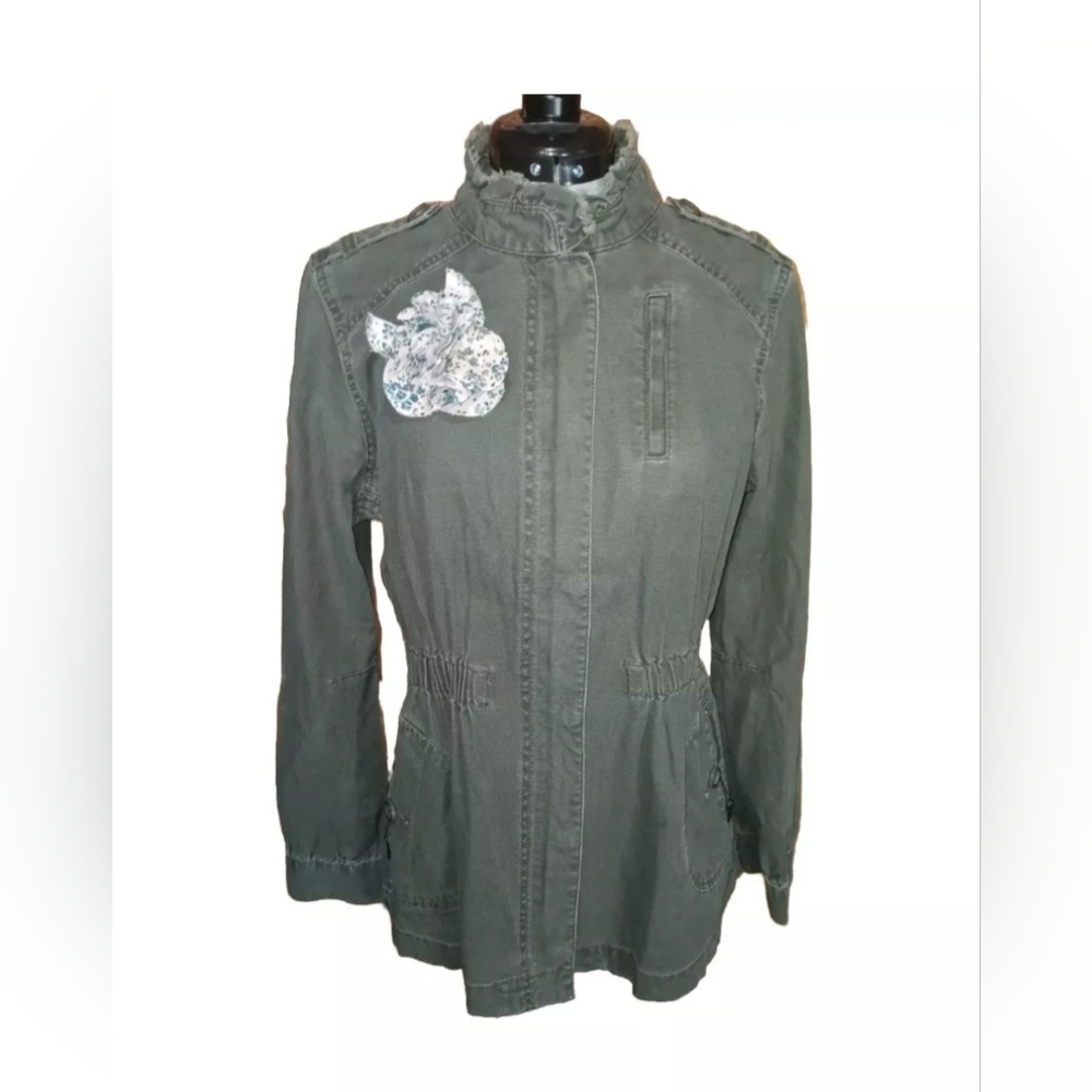 ELLE Full Zip Up Mock Neck Rolled Up Sleeves Gray Military Jacket Women's Size S